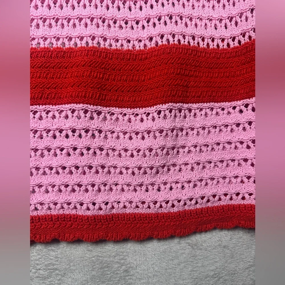 Scoop Crochet Scalloped Hem Red Pink Striped A Line Pull On Midi Skirt Large - Picture 7 of 16